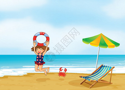 伞女人一个女孩在岸边玩插画