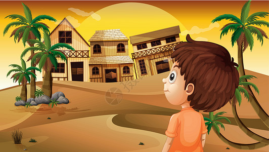 平开门一个在沙漠的男孩 站在木屋前面的一个男孩插画