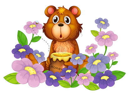 一只熊在花花园里拿着蜂蜜花朵高清图片素材