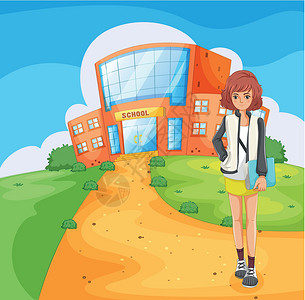 站在学校大楼外的一位女学生背景图片