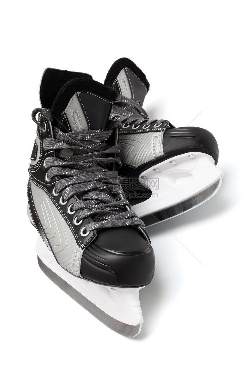 黑溜冰曲棍球溜冰场白色活动塑料行动剃刀黑色鞋带皮革图片
