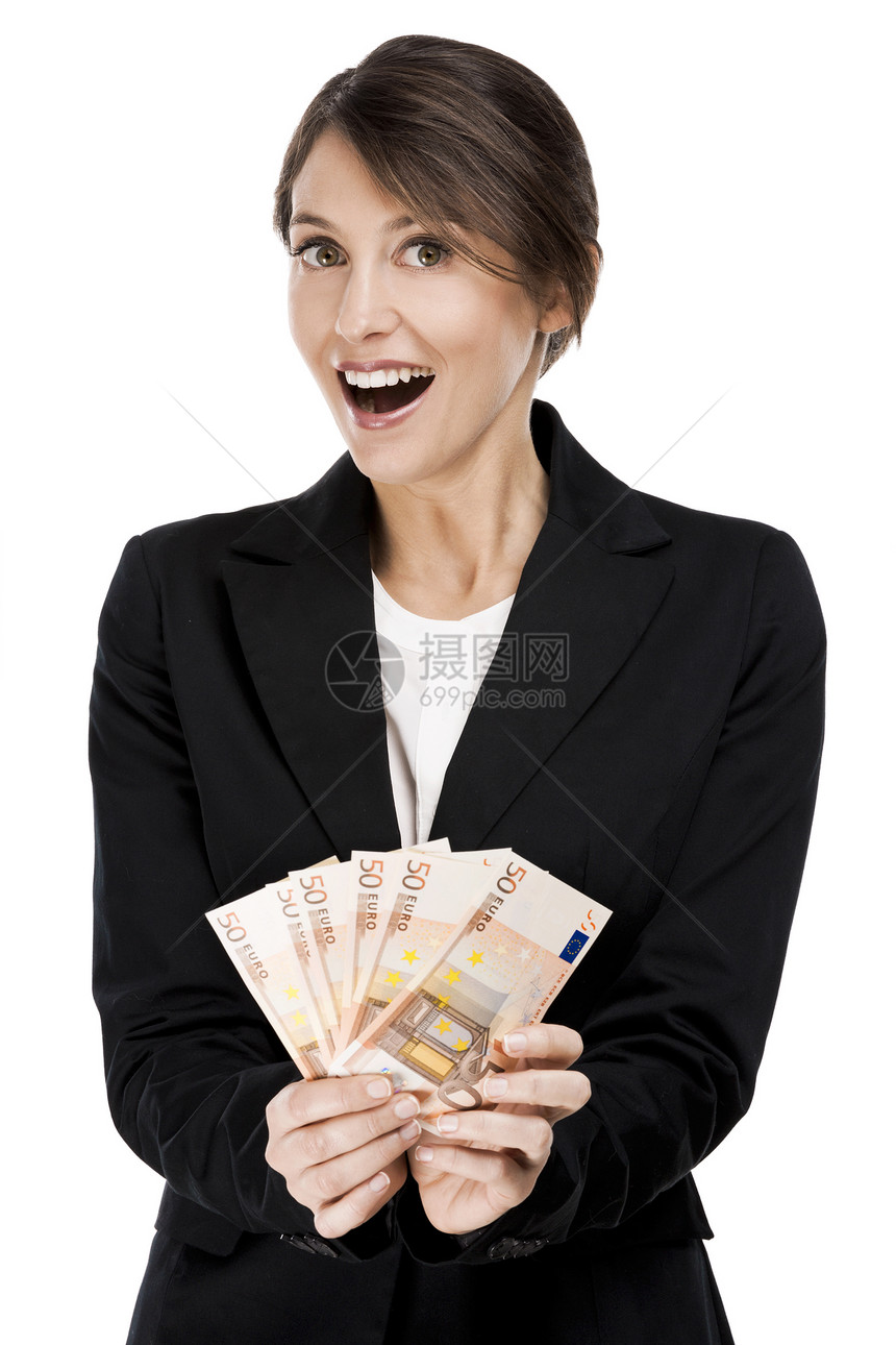 持有欧元纸钞的妇女首都展示商业货币成人女士财富女性震惊人士图片