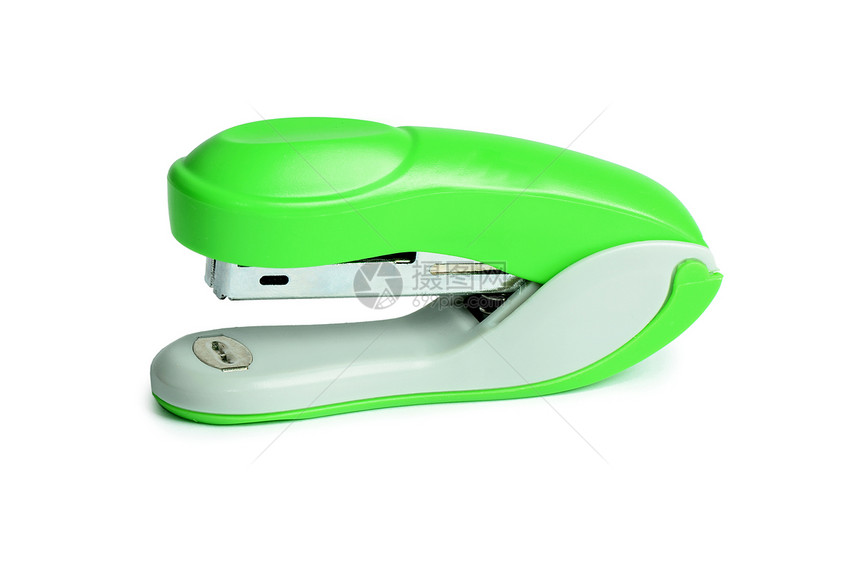 白色背景隔离的绿色主订金器紧固件文书水平装订商业塑料教育安全工具桌面图片