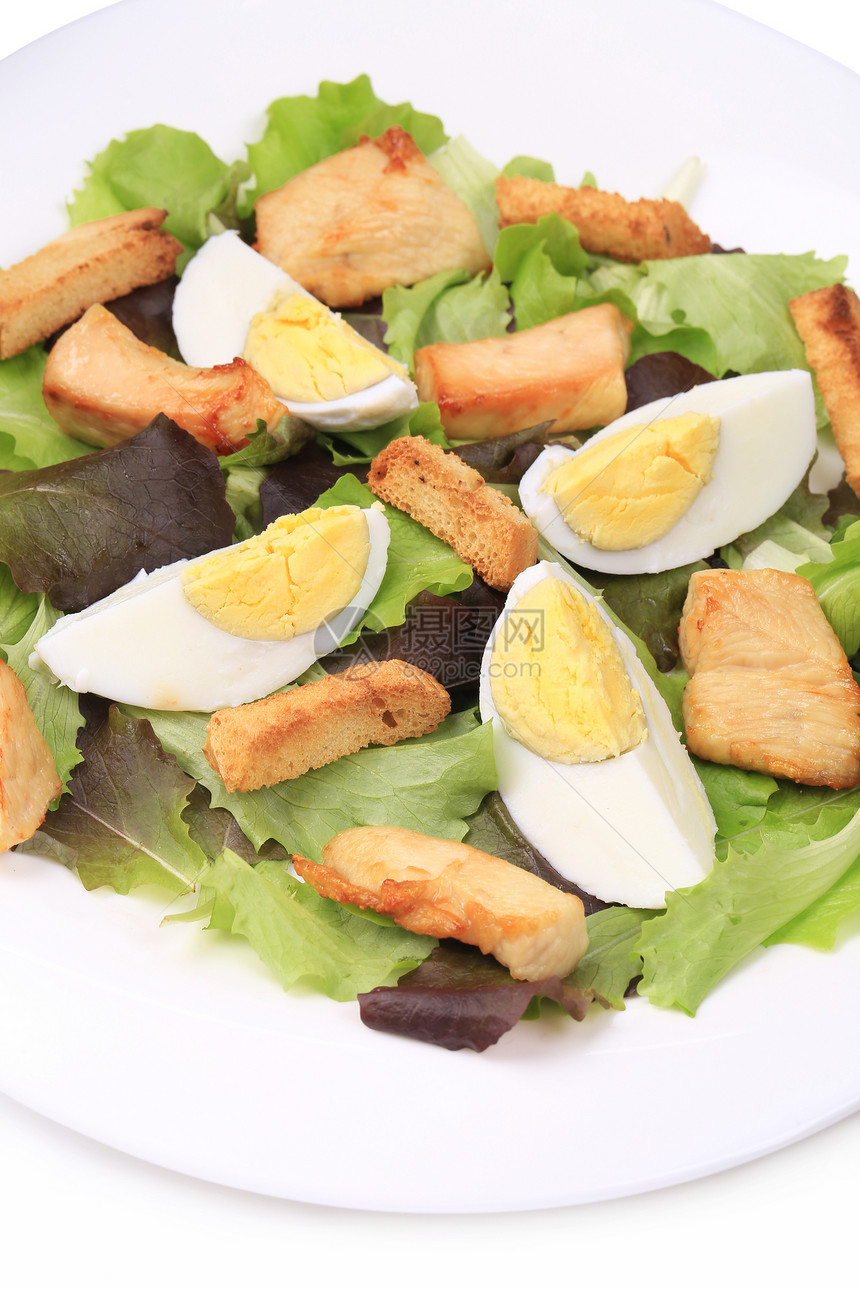 凯撒沙拉加鸡蛋长叶午餐小吃煮沸盘子食物叶子蔬菜美食绿色图片