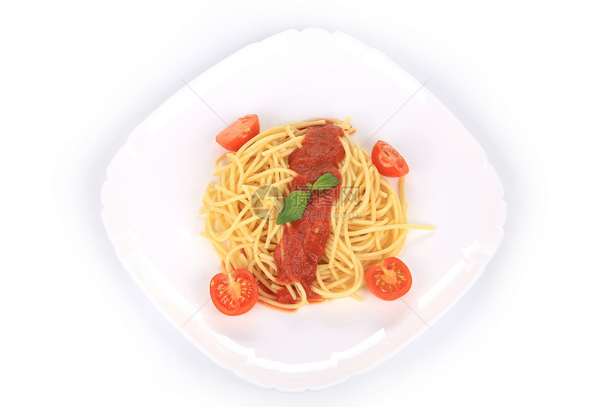 意大利面条加西红柿和烤肉白色养分美食蔬菜餐厅午餐食谱菜单黄色食物图片