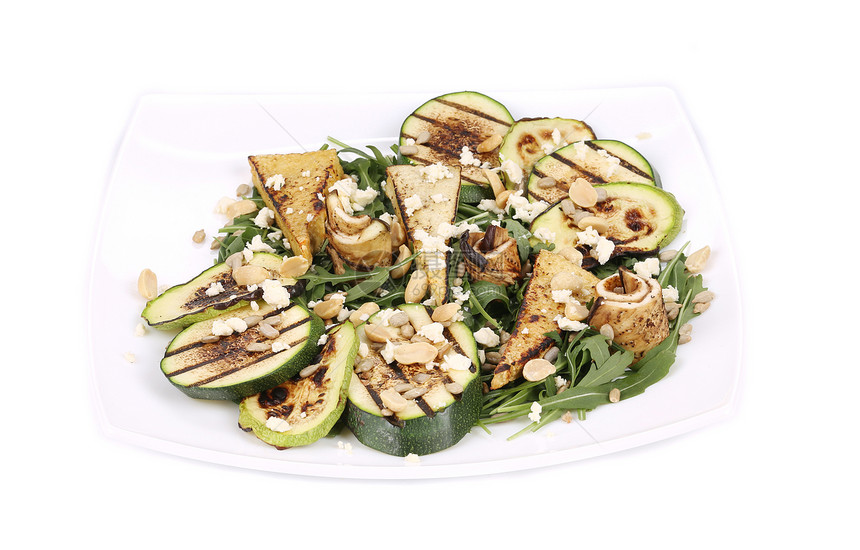 沙拉加烤菜和豆腐美食草药柠檬向日葵花生蔬菜午餐种子素食健康饮食图片