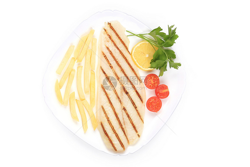 带蔬菜的灰色鱼片海鲜条纹美食食物香菜农业节食土豆饮食薯条图片