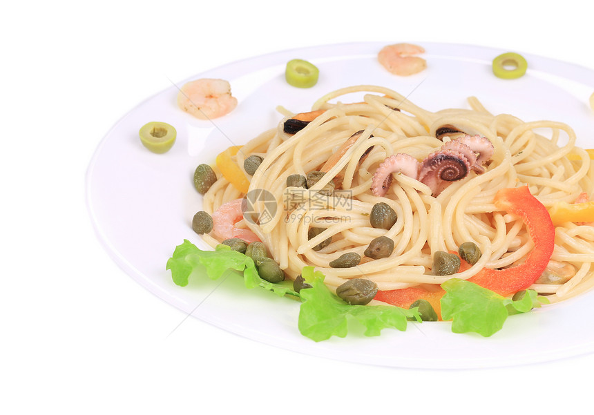 海食沙拉加意大利面条午餐美食树叶黄色食物盘子胡椒草药绿色海鲜图片