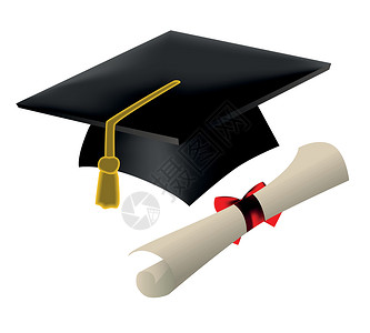毕业上限和文凭毕业典礼流苏证书成就黑色滚动白色大学学校丝带背景图片
