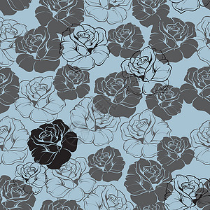 无缝矢量蓝色花卉模式 灰色 海军蓝玫瑰和黑色反光玫瑰以粘贴蓝色背景背景图片