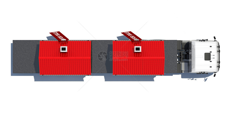 卡车载着两栋房子销售水平盒子建筑车辆圆形交通工作标签建筑学图片