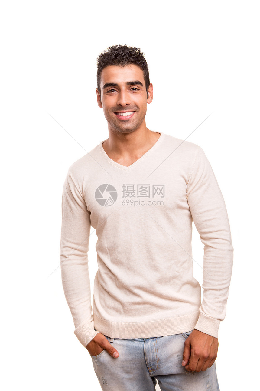 一个微笑的年轻人的肖像男人快乐白色人脸拉丁黑发工作室牙裔男生男性图片