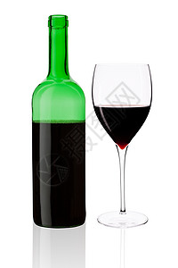 酒瓶和酒杯空白红色液体饮料白色玻璃绿色背景图片