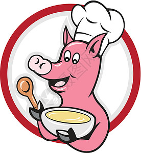 长柄厨勺汤勺子猪厨厨师 碗饭馆卡通插画