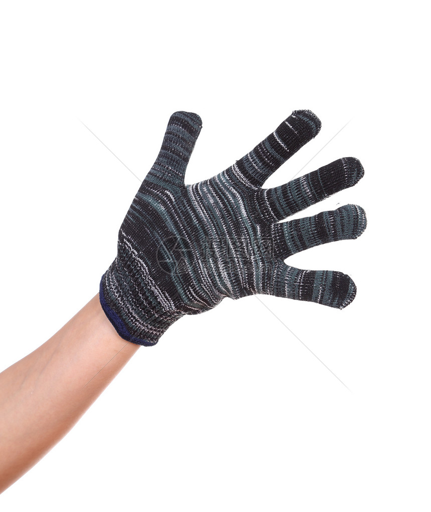 白色背景上戴着羊毛手套天气男性针织工具身体黑色工作编织蓝色季节图片