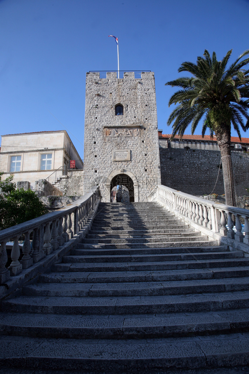 克罗地亚科尔库拉教会马球假期建筑城市脚步海滩小路石头堡垒图片