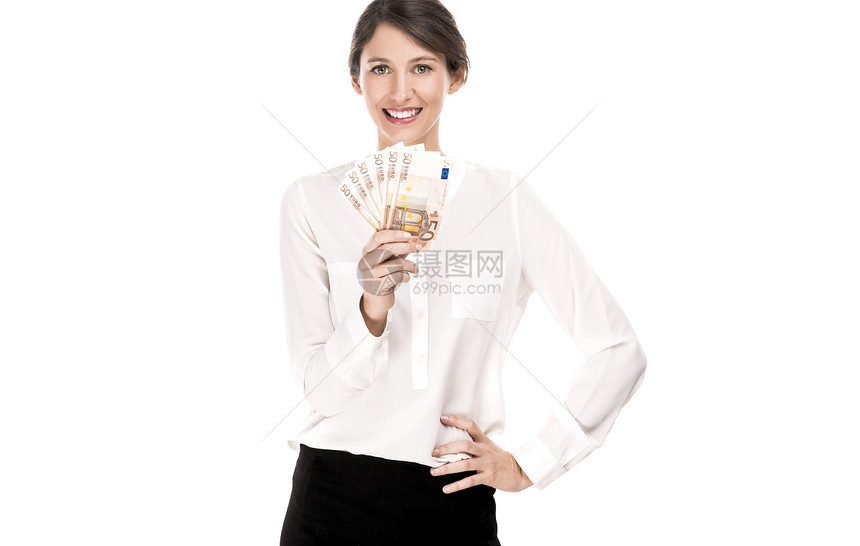 持有欧元纸钞的妇女黑发财富笔记经济白色金融成功女孩货币女士图片