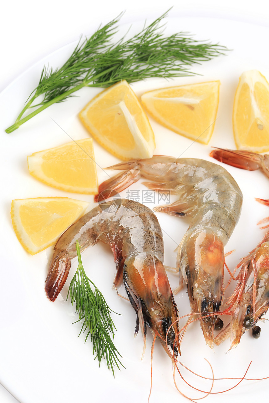 生虾盘加柠檬和香菜饮食营养白色动物甲壳食物胡椒午餐养殖图片