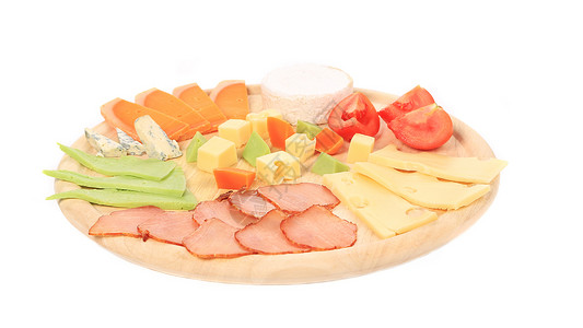 肉和奶酪盘香菜拼盘盘子白色模具小吃木头蓝色食物大理石背景图片