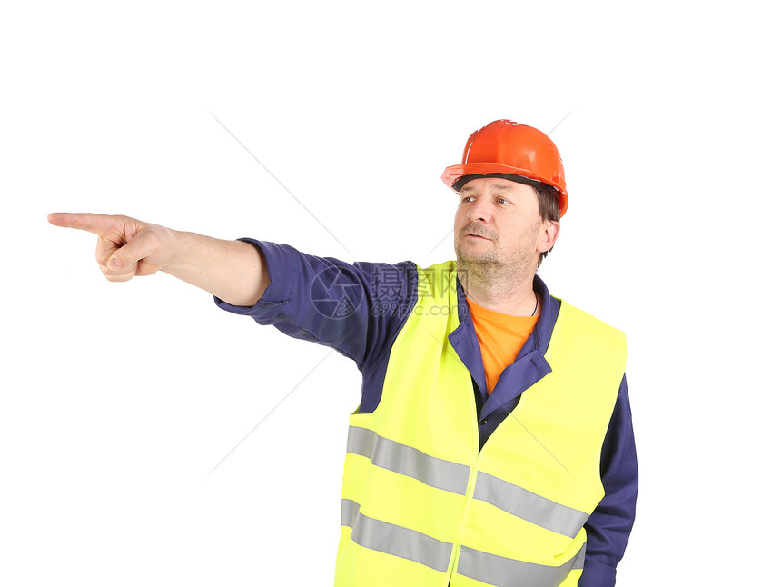 穿反光外衣的工人用手指指着衣服蓝色安全领班衣领路人人手男人微笑工作图片