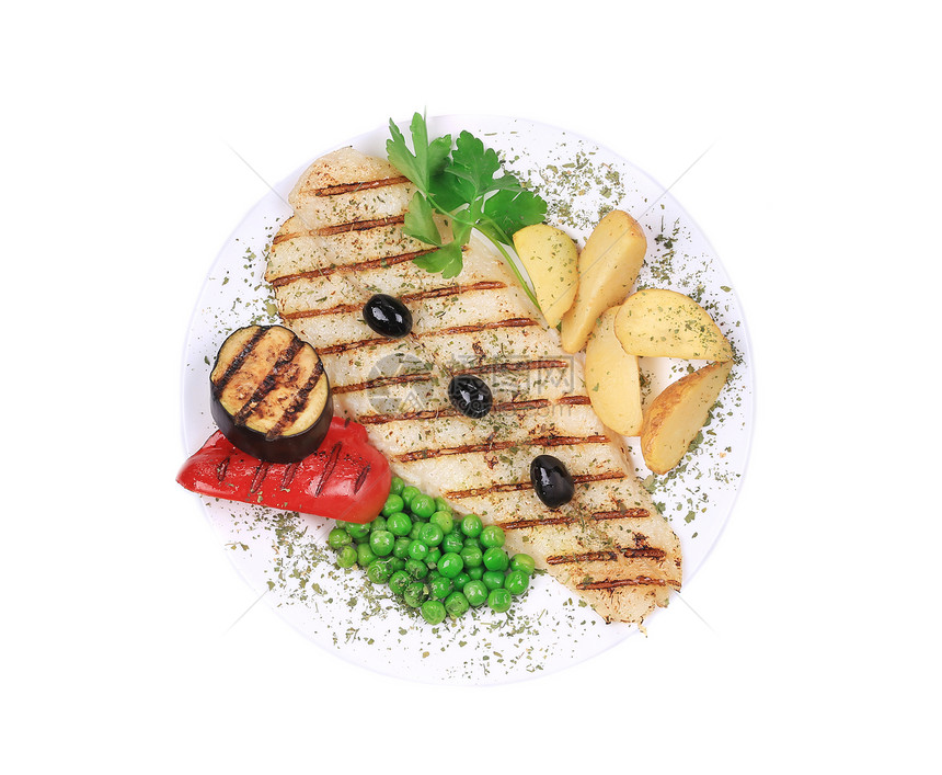 带美味蔬菜的灰色鱼片美食烹饪饮食草本植物海鲜午餐食物胡椒餐厅茄子图片