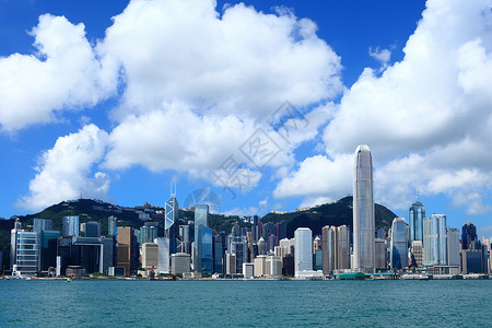香港天线商业海景天际地标天空蓝色办公室金融公司市中心维多利亚高清图片素材