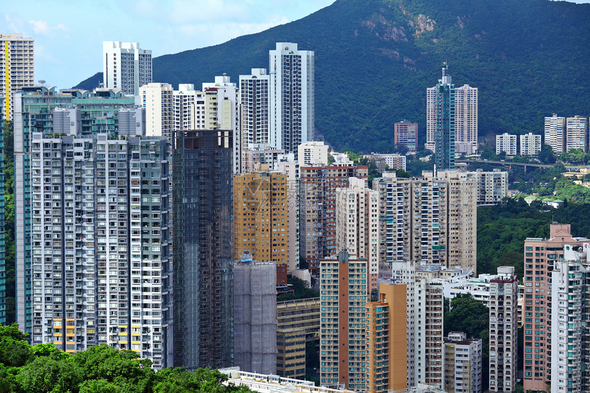 香港居住区 香港住宅区晴天蓝色市中心公寓天空景观房子人群摩天大楼人口图片