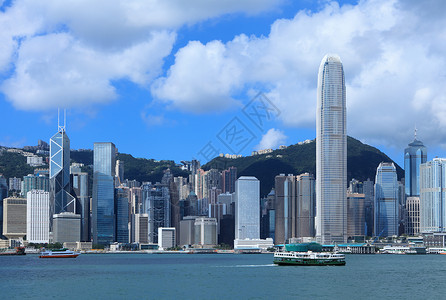 香港市风景城市金融港口天际蓝色地标建筑天空渡船中国高清图片素材