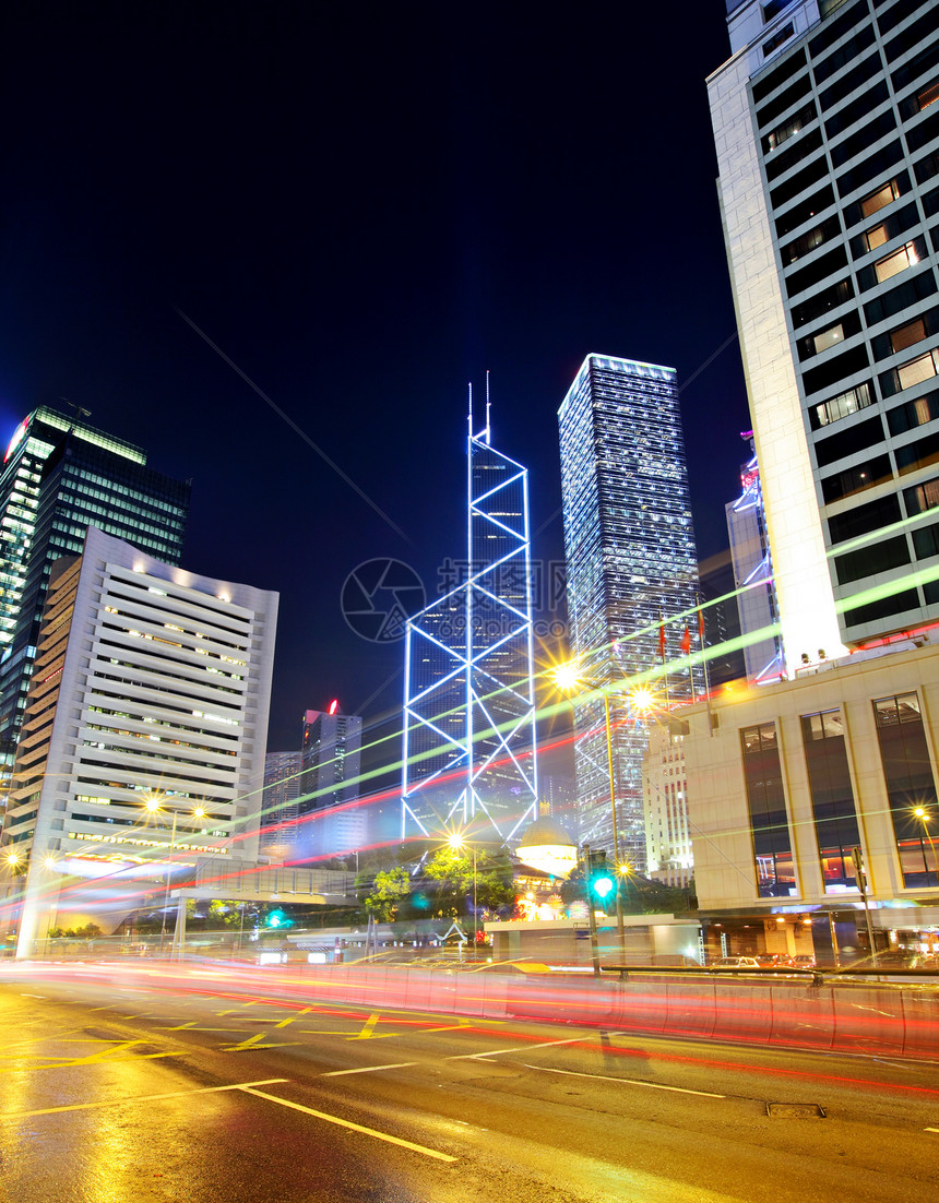 香港市交通小道蓝色公共汽车速度街道城市商业建筑金融建筑学市中心图片