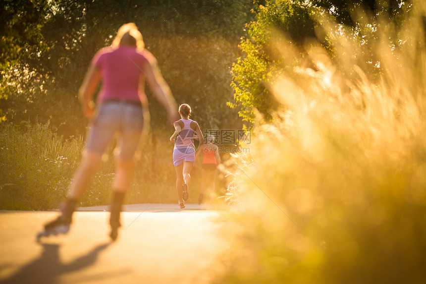 年轻女子在阳光明媚的夏日夜晚户外奔跑女士女孩运动装闲暇草地赛跑者慢跑者公园女性运动图片