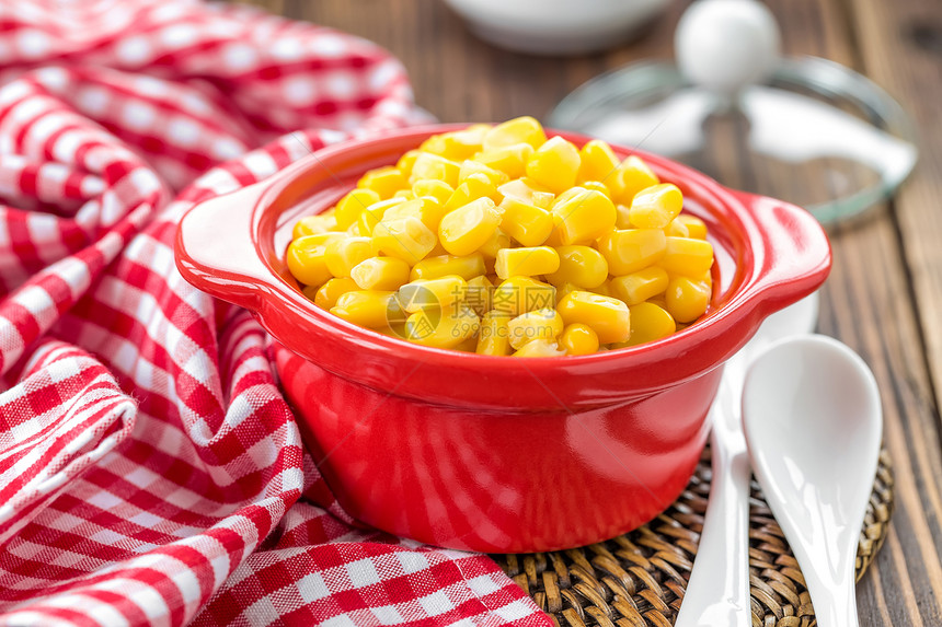 玉米角小吃种子粮食厨房木头勺子核心罐头盘子食物图片
