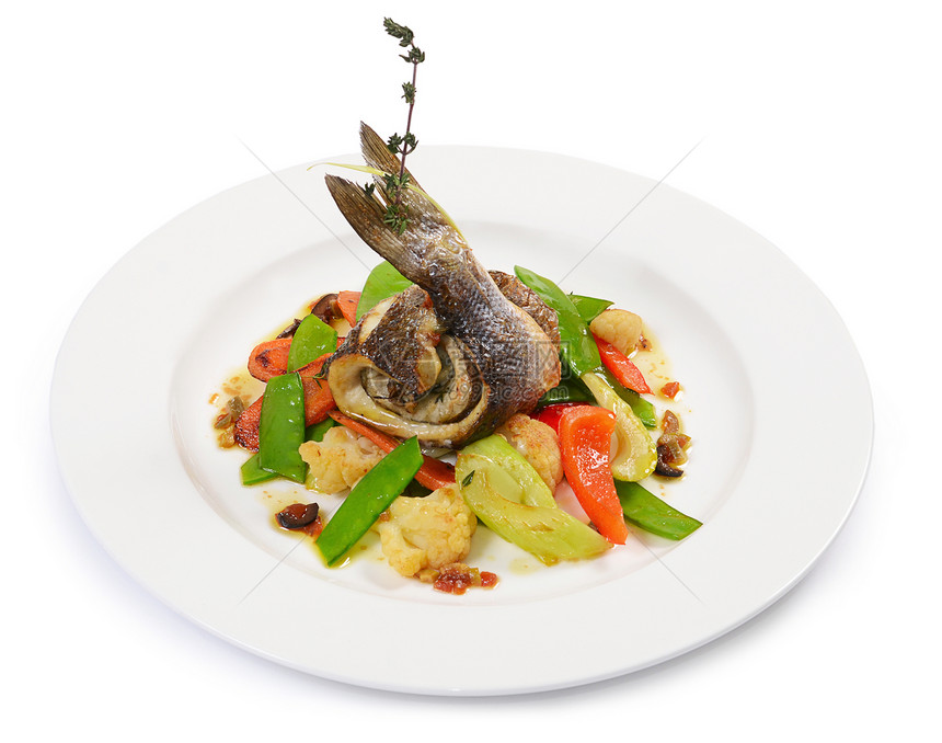 含有春季蔬菜和橄榄酱的海贝斯片食物餐厅胡椒海鲜油炸午餐美味奢华白鱼盘子图片