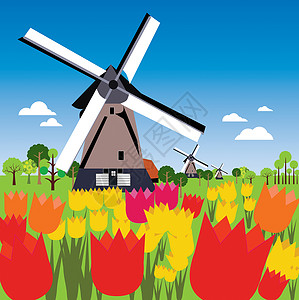 荷兰荷兰语景观风车面粉郁金香背景图片