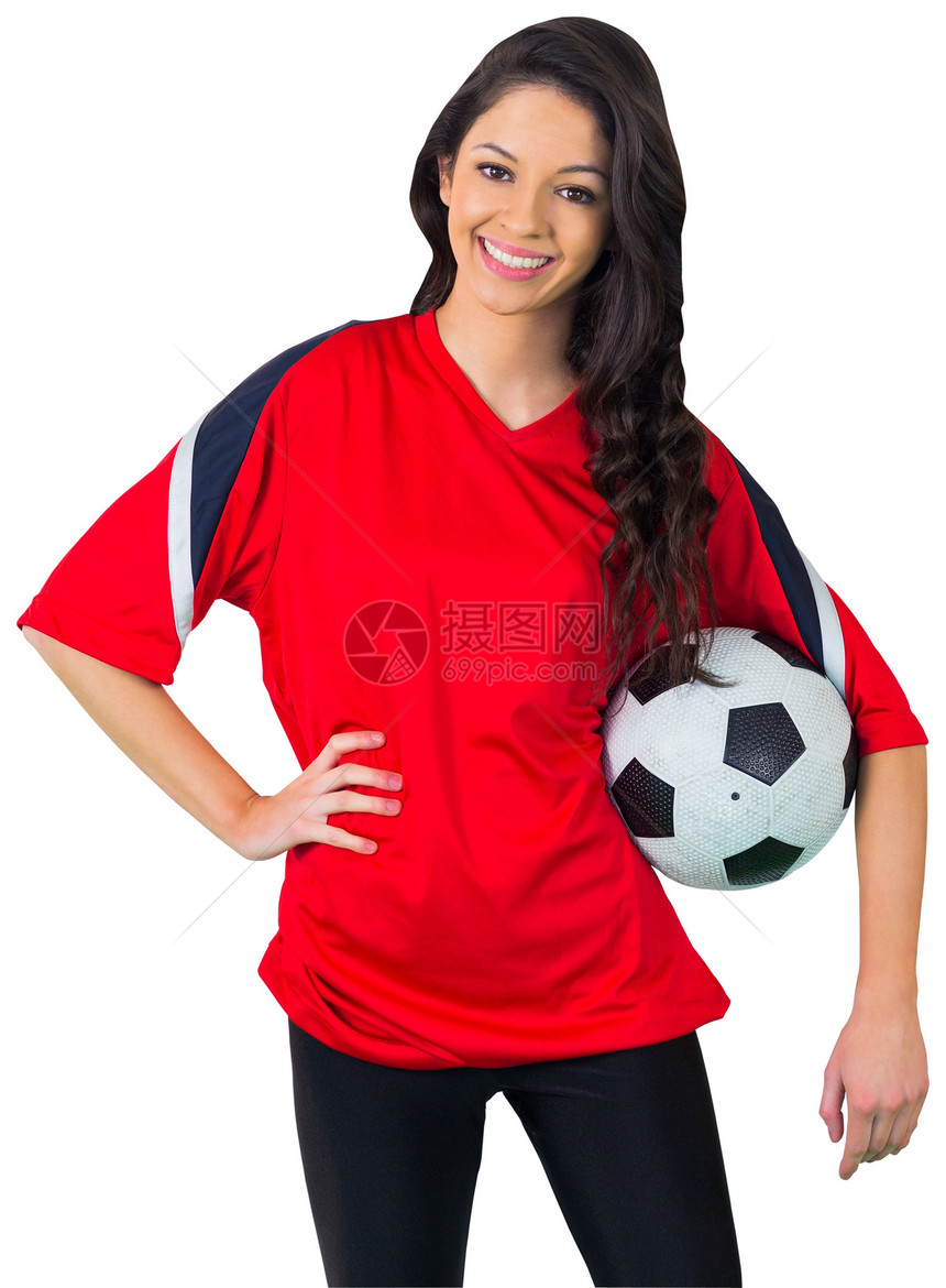 红红色的漂亮足球球迷观众运动世界支持者活力混血扇子影棚微笑快乐图片
