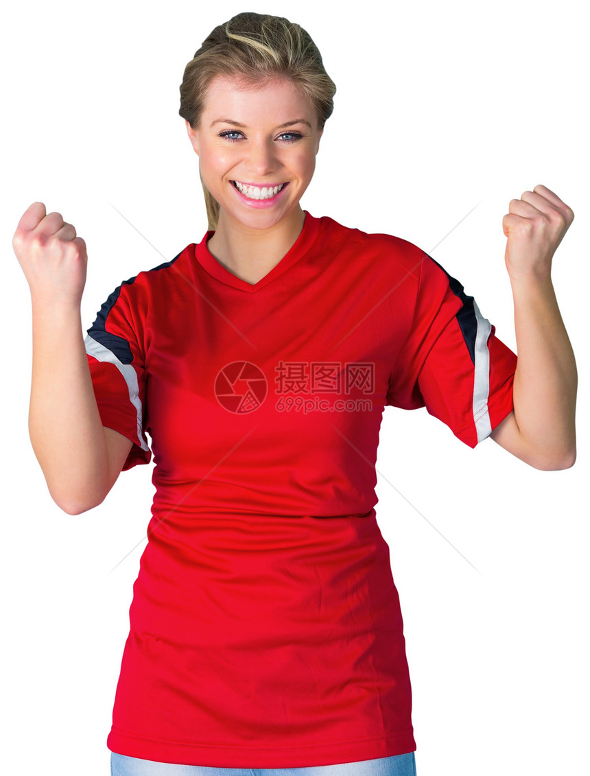 红红色的加油足球球迷观众女性球衣杯子喜悦扇子获奖微笑胜利快乐图片