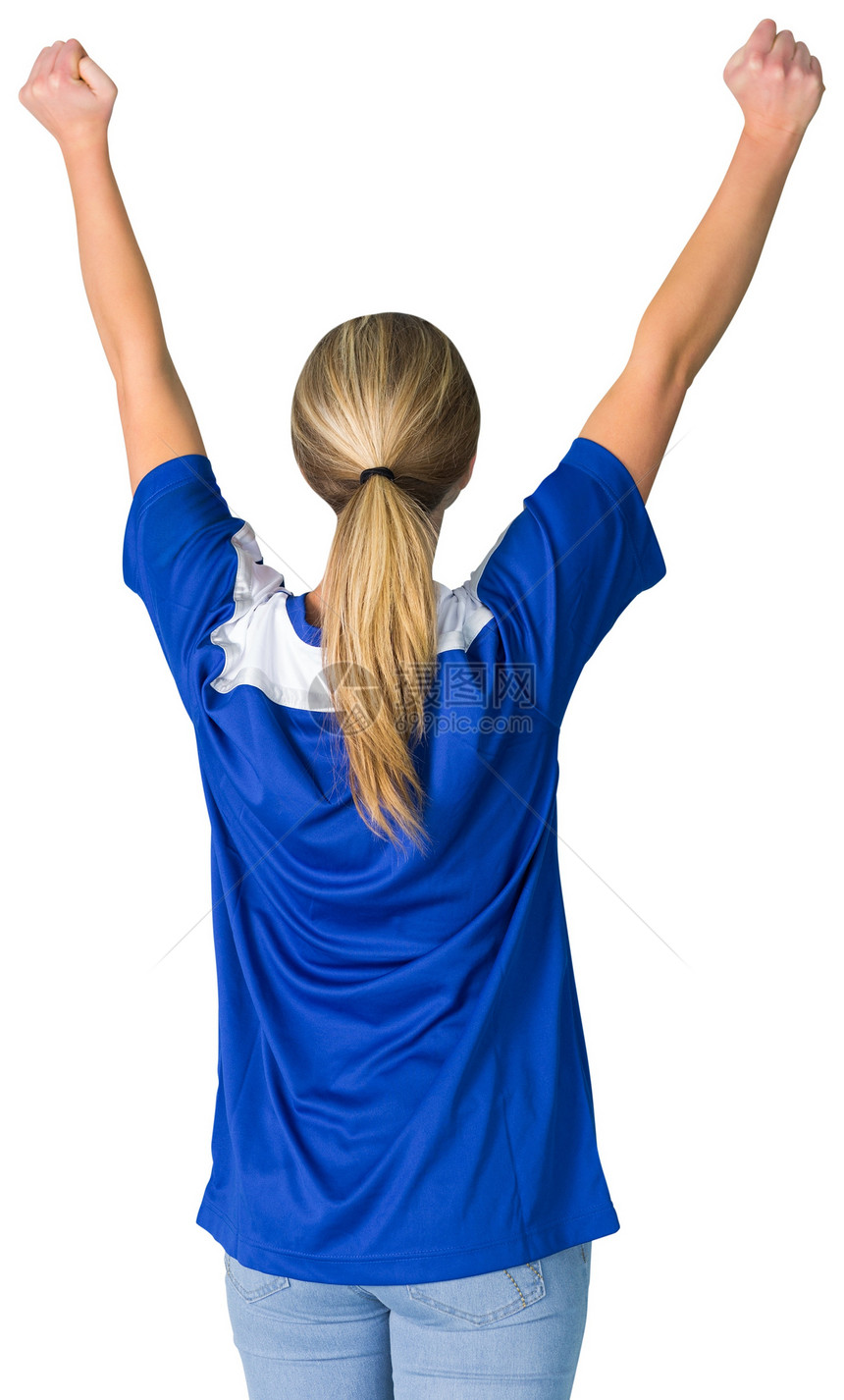 蓝调欢呼足球球迷影棚扇子杯子蓝色女性活力观众支持者球衣运动图片