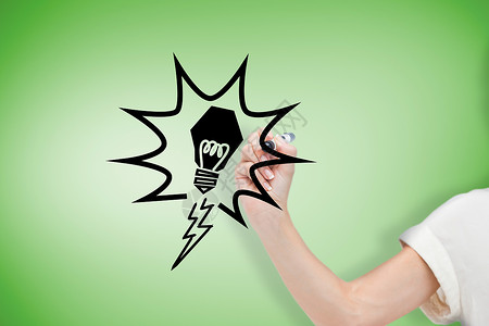 商业女画灯泡的复合图象商务绘画绘图手绘绿色写作插图人士创新涂鸦背景图片
