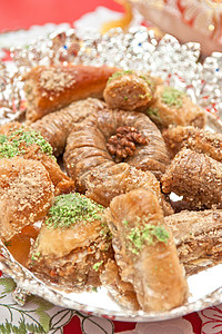 土耳其语甜点糖果火鸡咖啡店蜂蜜文化脚凳坚果面包盘子面团伊斯坦布尔高清图片素材