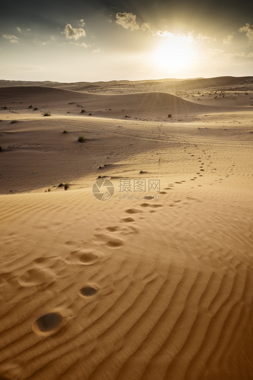 日落沙漠瓦希巴阿曼天空情绪沙丘旅行太阳植物衬套灌木丛假期旱谷图片