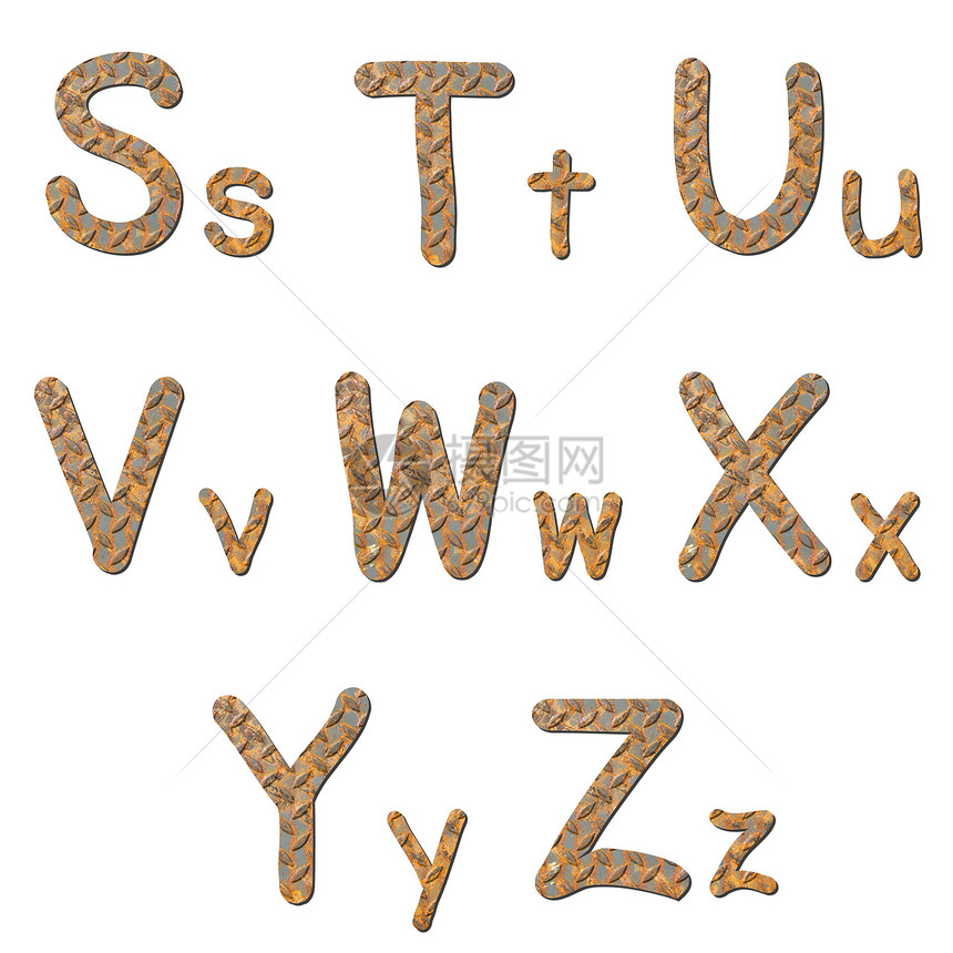 板板钢的字体生锈格盘子英语字母数字阴影检查器标志风化工业白色图片