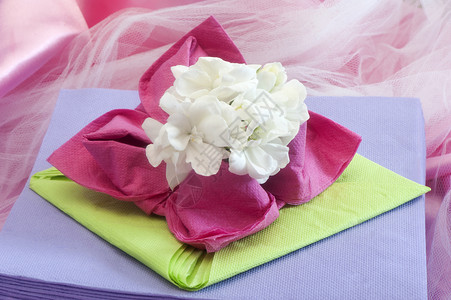 高级折纸纸巾花朵派对餐饮餐巾纸盘子白色午餐桌子圣餐洗礼背景图片