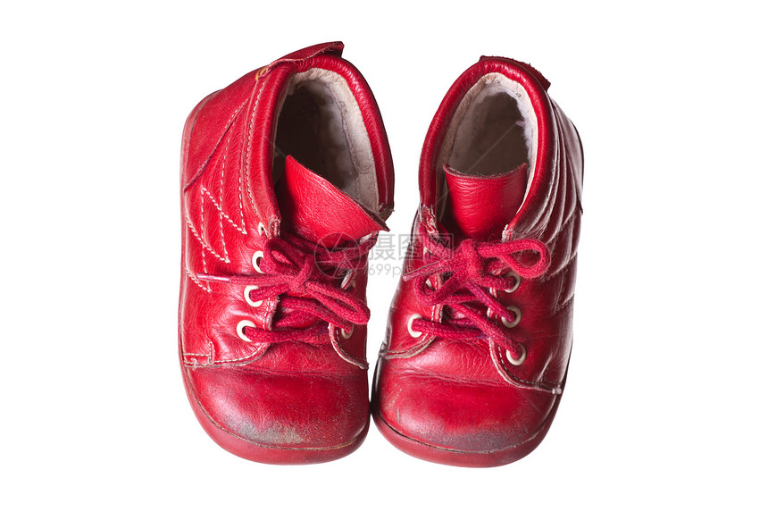 旧红红色旧婴儿鞋孩子儿童学习皮革蕾丝鞋类白色领带孩子们工作室图片