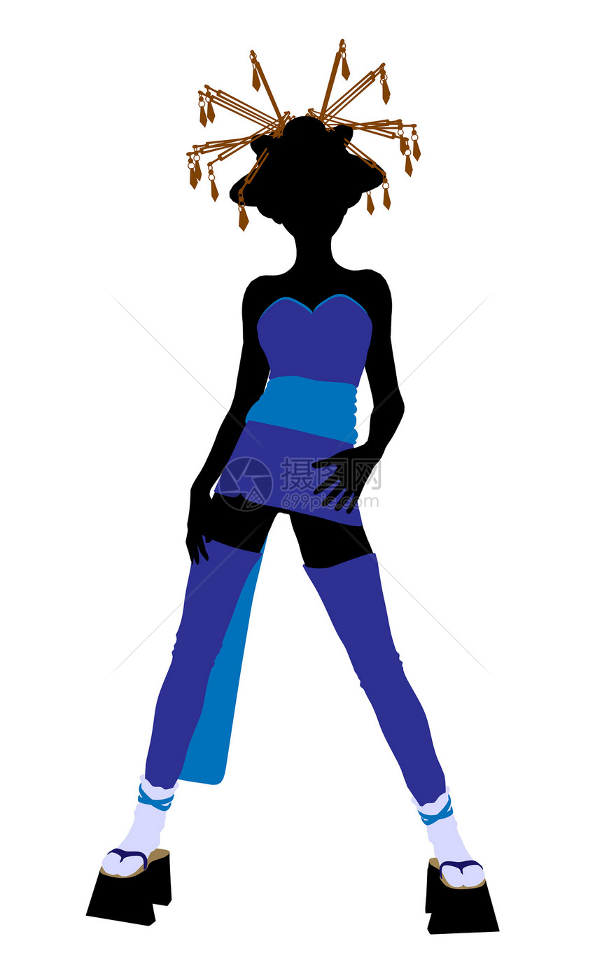 艺伎女孩插画剪影艺妓白色高跟鞋女性蓝色插图图片