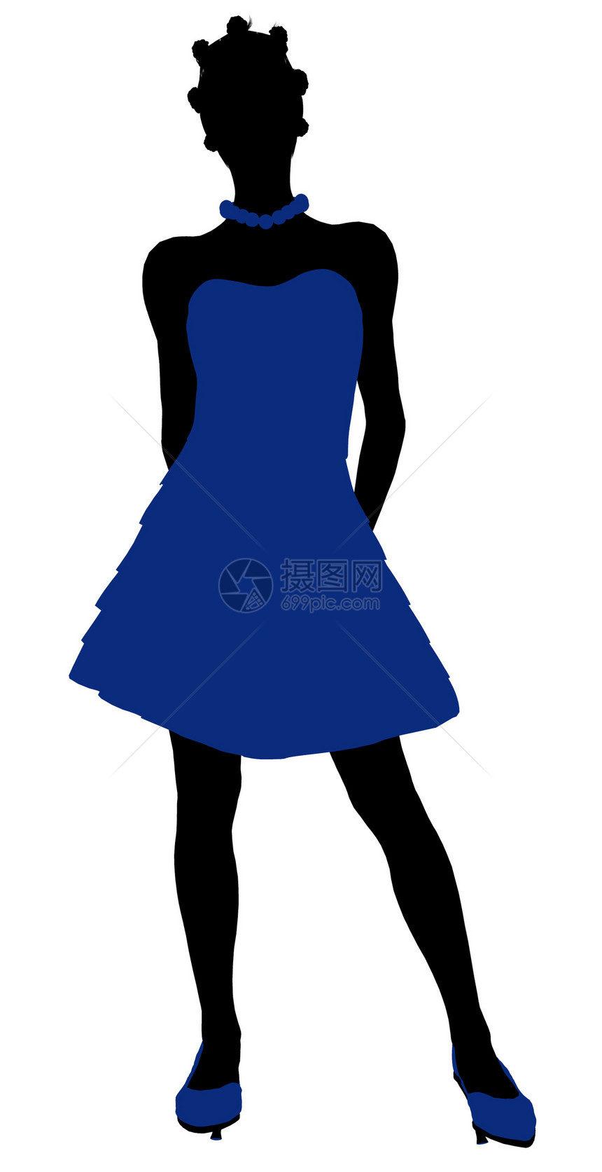 非裔美国人青少年剪影插图鞠躬高跟鞋蓝色项链女孩裙子女性图片