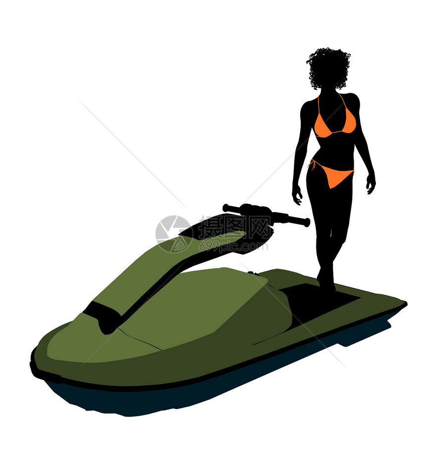 非裔美国女性喷气式喷汽艇艺术说明女士喷射摩托艇插图飞机摩托车剪影天空图片
