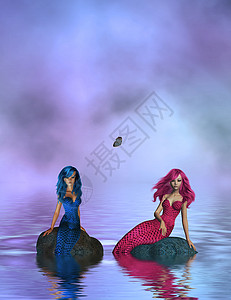 树妖两个美人鱼坐在一块石头上背景