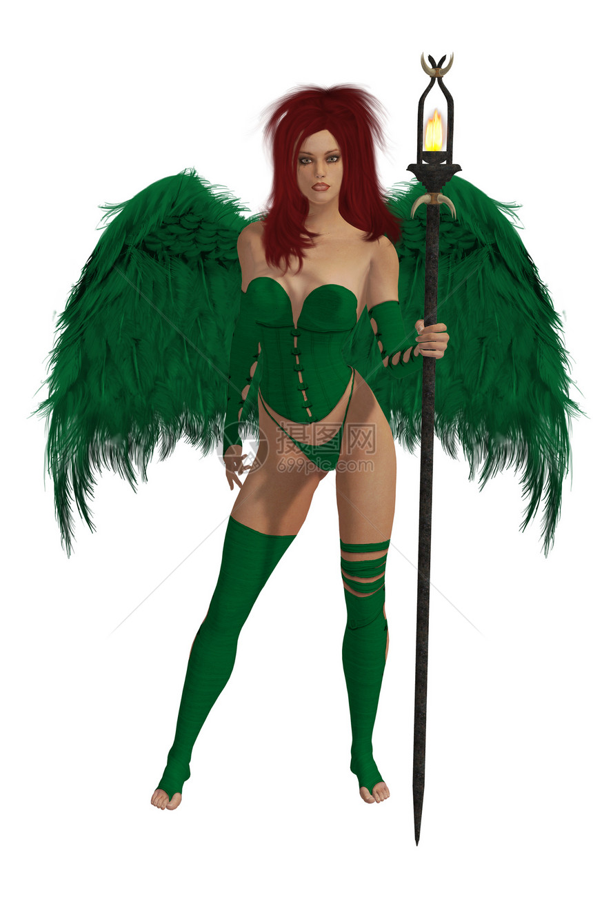 绿色双翼天使与红头发图片
