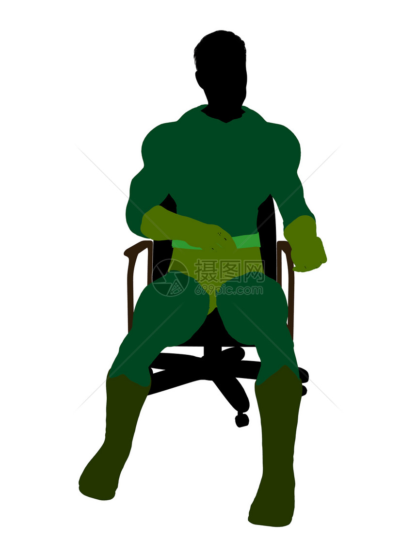 男性超级英雄坐在主席的椅子上 说明Silhouette剪影对手漫画恶棍超能力男人男生连环插图图片