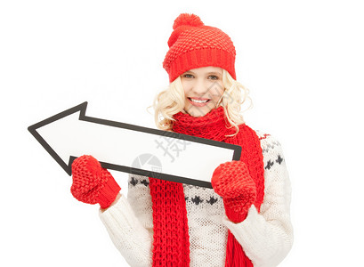 女性方向箭头符号快乐公告棉被微笑帽子青少年季节围巾行动衣服背景图片