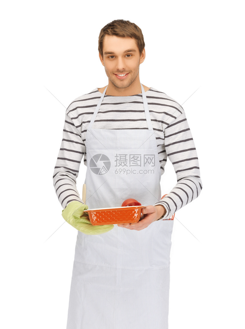 男人用白餐做饭烘烤牛仔裤青年手套厨师伙计学生衬衫男性防火图片